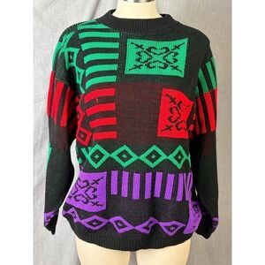 Vintage 80s Graphic Knit Sweater Mock Neck Colorblock Geometric Acrylic